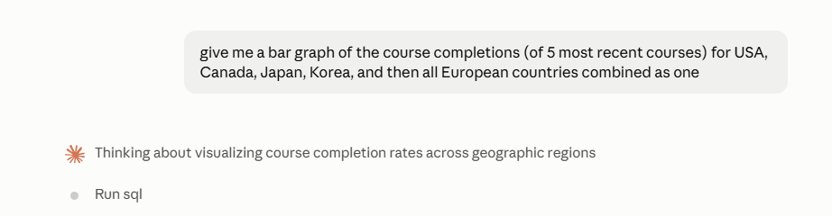 Claude asking the Education SQL MCP to run a course completion analysis