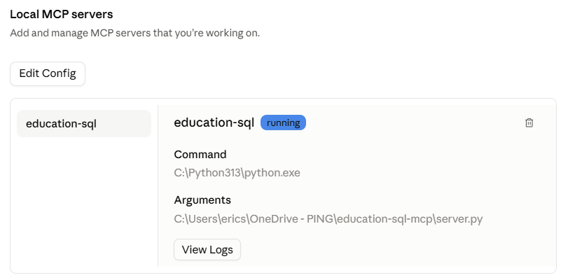 Education SQL local MCP server shown running in Claude